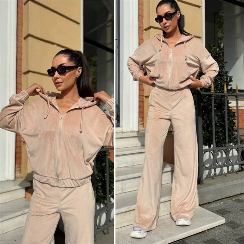 Damen Velours-Zip-Kapuzenjacke mit Marlene-Jogginghose Lounge-Set EB
