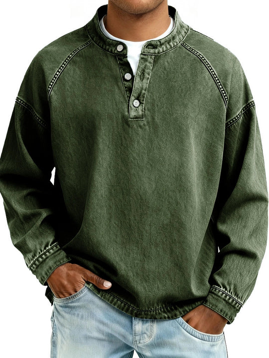 Herren nan verwaschenes Henley-Shirt mit Stehkragen, lockerer Passform und Knopfleiste EB