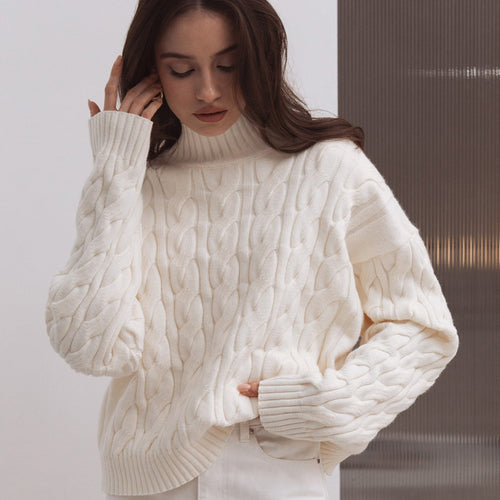 Damen Gemusterter Strickpullover mit hohem Kragen EB