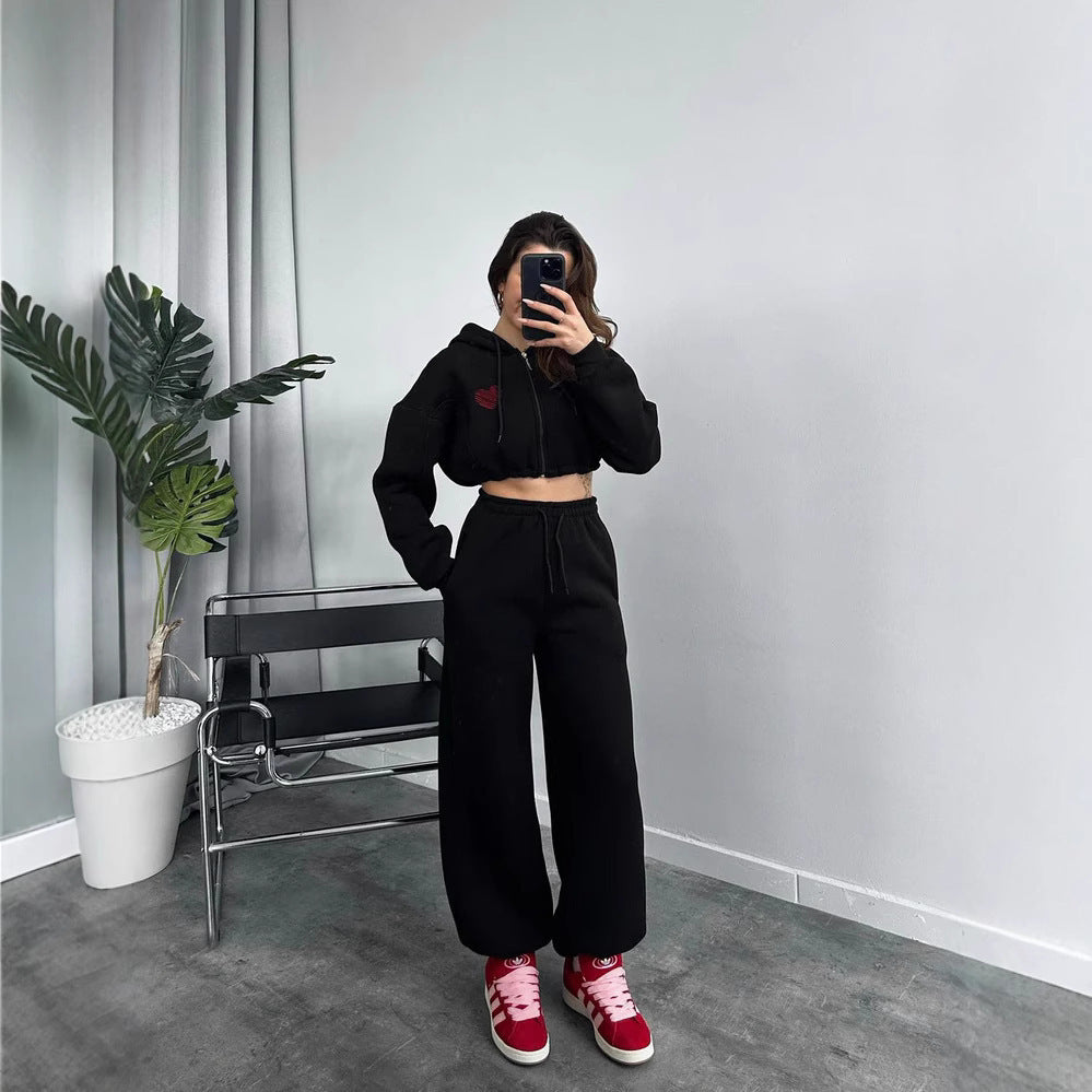 Damen Cropped Kapuzenpullover und hohe Taille Wide-Leg Jogginghose Set EB