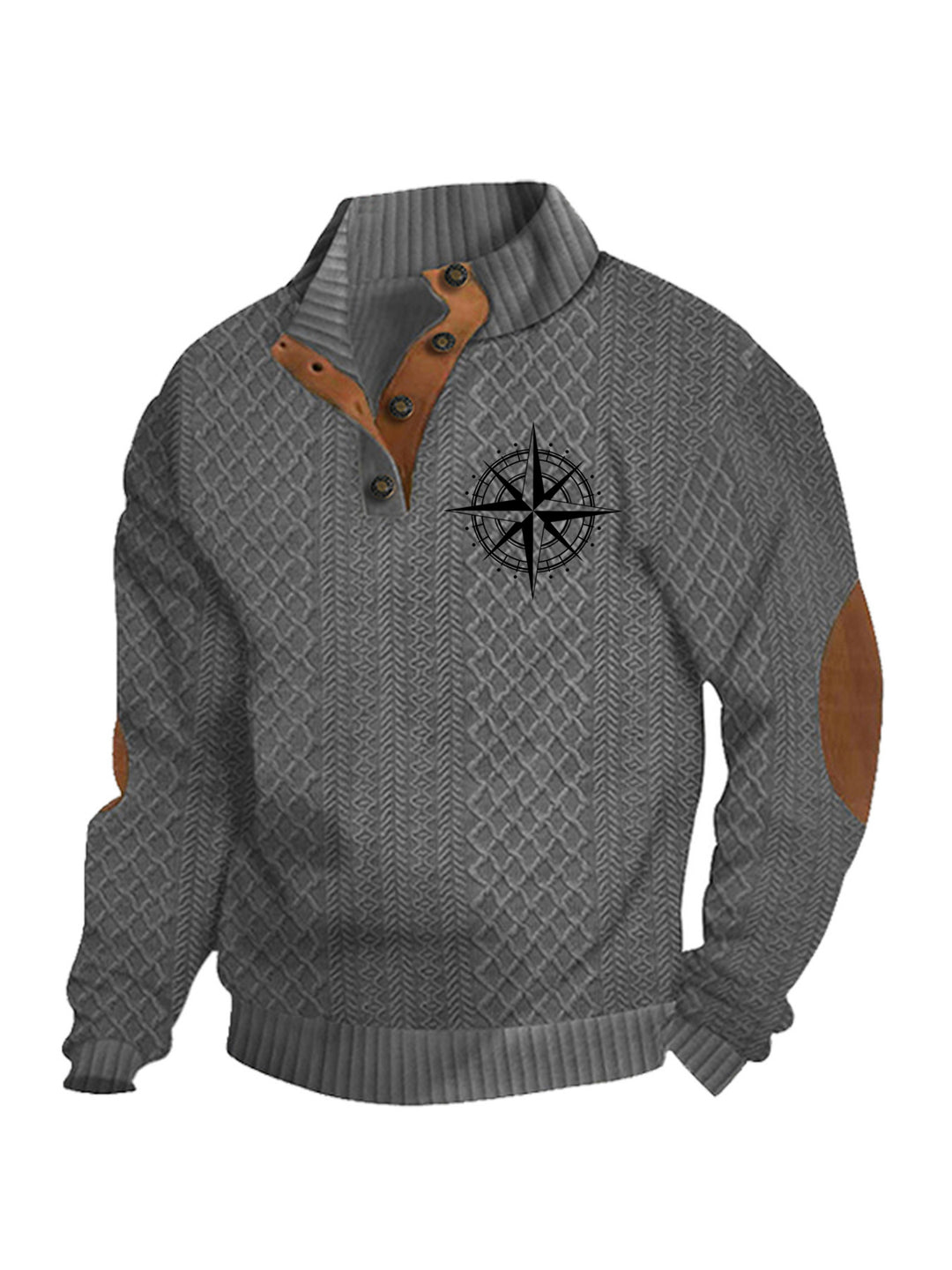 Herren nan Heritage-Strukturpullover mit Stehkragen Lederimitat-Besatz Ellenbogen-Patches und Halbknopfleiste EB