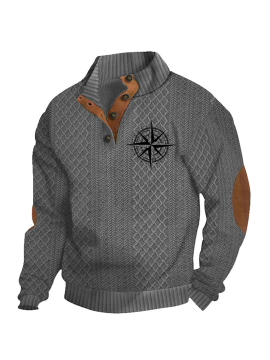 Herren nan Heritage-Strukturpullover mit Stehkragen Lederimitat-Besatz Ellenbogen-Patches und Halbknopfleiste EB