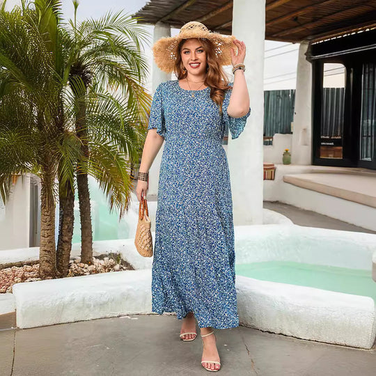 Damen Maxikleid mit floralen Mustern und elastischem Bund EB