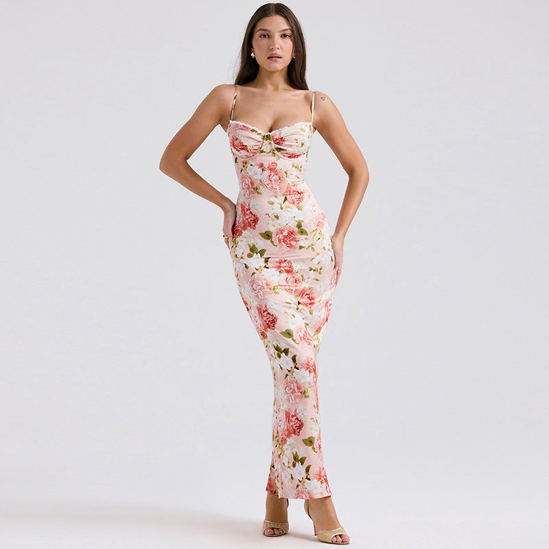 Damen Langärmeliges Satin Maxikleid mit floralen Rüschen EB