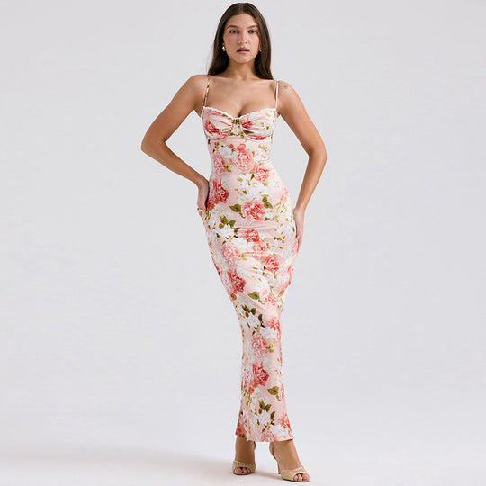 Damen Langärmeliges Satin Maxikleid mit floralen Rüschen EB