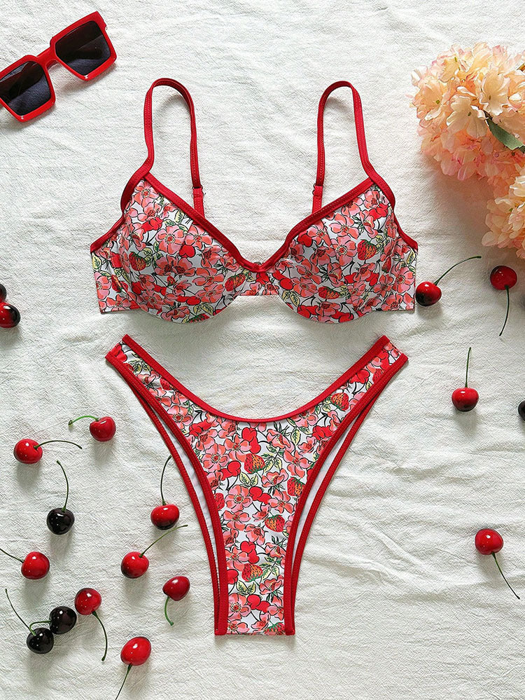 Damen Push-Up-Bikini mit floralen Mustern und verstellbaren Trägern EB
