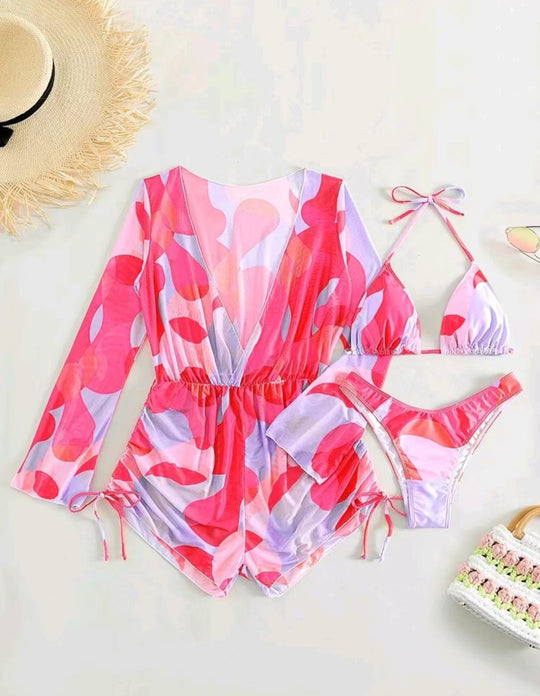 Damen Strand-Outfit mit langärmliger Überbluse und Bikini EB