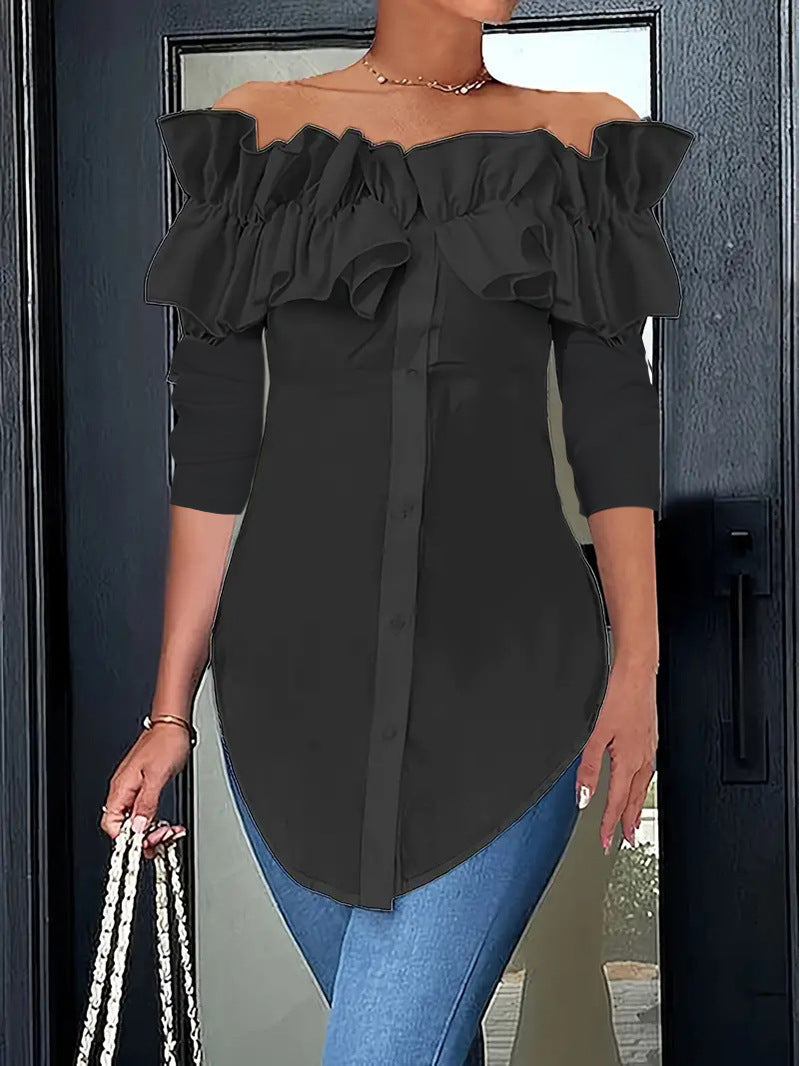 Damen Off-Shoulder Bluse mit Rüschen und Knopfleiste EB