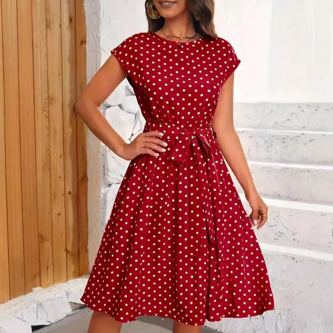 Damen Midikleid mit taillierendem Bindegürtel und verspieltem Polka-Dots Design EB