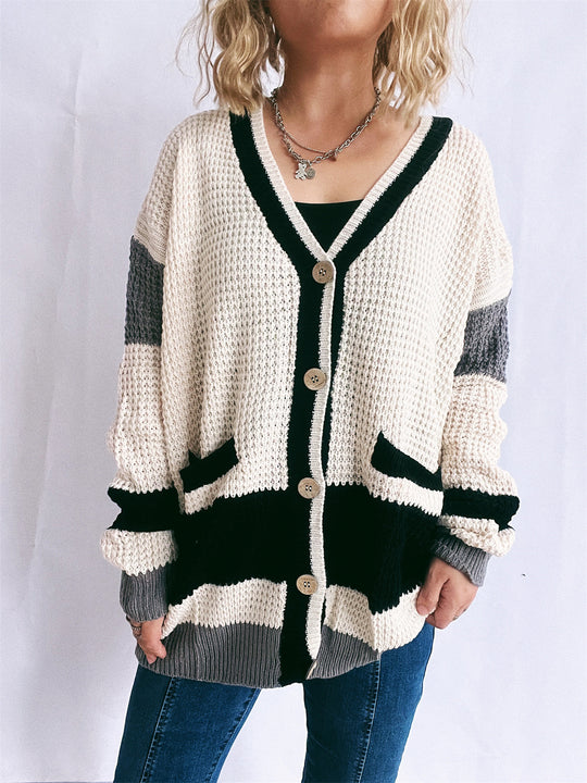Damen Strickjacke mit modernen Streifenmustern und praktischen Taschen EB