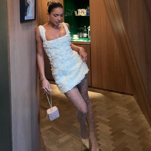 Damen Minikleid mit strukturierten Blumenapplikationen und verführerischem Ausschnitt EB