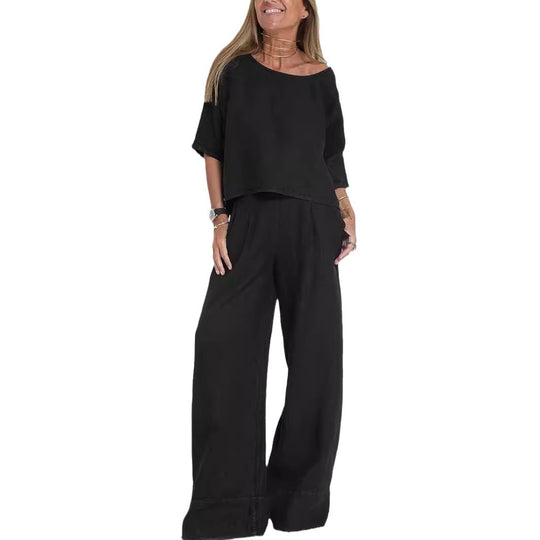 Damen lässiges Leinen-Set mit weitem Oberteil und palazzo Hosen EB