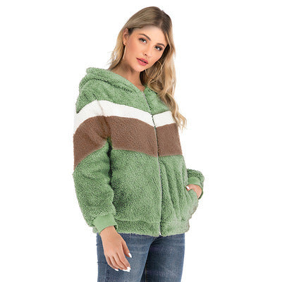 Damen Fleecejacke mit kontrastierenden Streifen und Kapuze EB