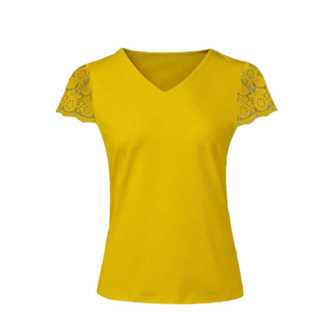 Damen V-Ausschnitt T-Shirt mit Spitzenärmeln EB
