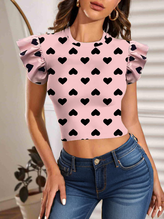 Damen Kurzarm T-Shirt mit Rüschenärmel und Herzmotiv EB