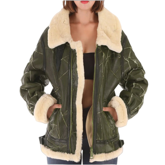 Damen lässige Kunstlederjacke mit warmem Fellkragen EB
