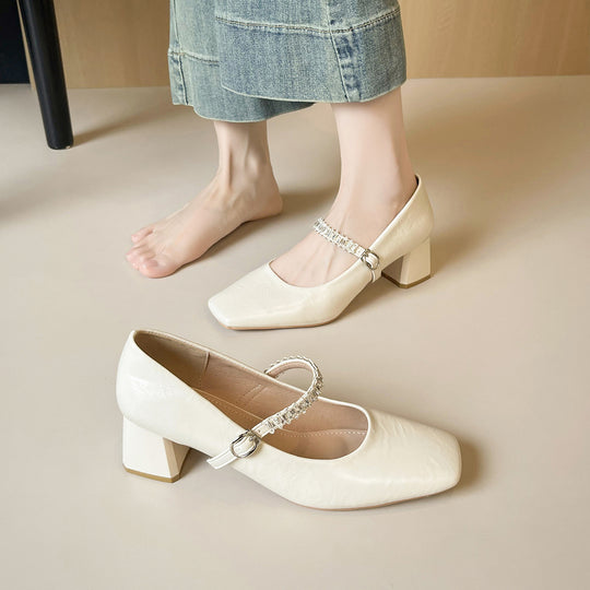 Damen klassische Ballerinas mit eleganter Schnallenverzierung und bequemem Blockabsatz EB