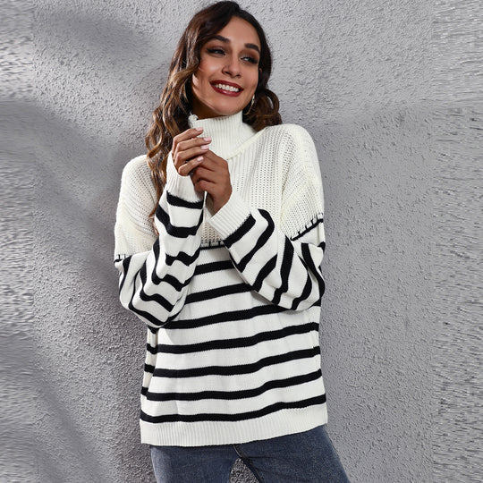Damen Komfortabler Rollkragenpullover mit modernem Streifenmuster EB