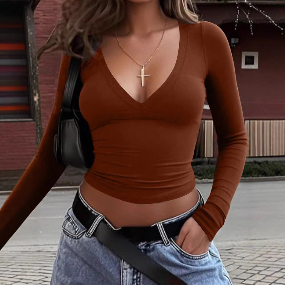 Damen cropped Langarmshirt mit V-Ausschnitt und elastischem Material EB
