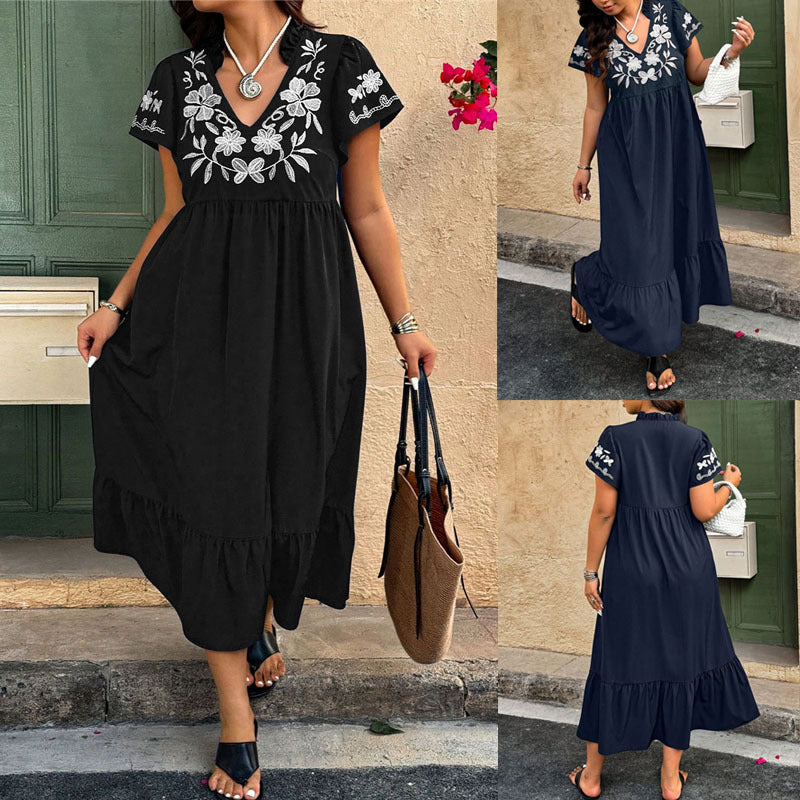 Damen Maxikleid mit floralem Stickdesign und voluminösem Rock EB