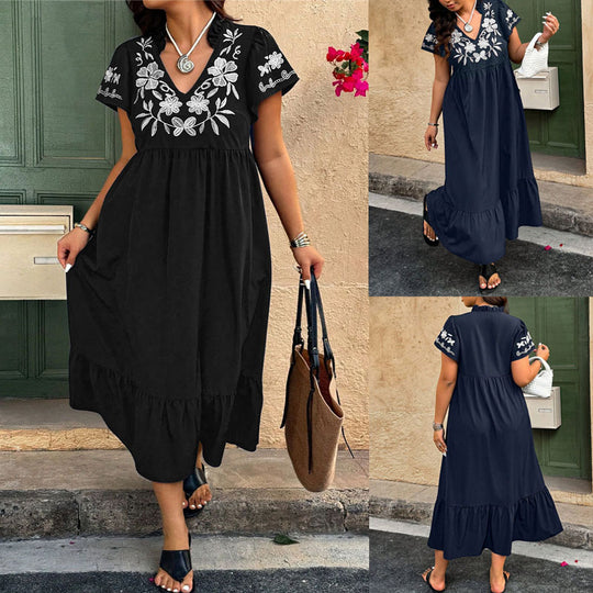 Damen Maxikleid mit floralem Stickdesign und voluminösem Rock EB