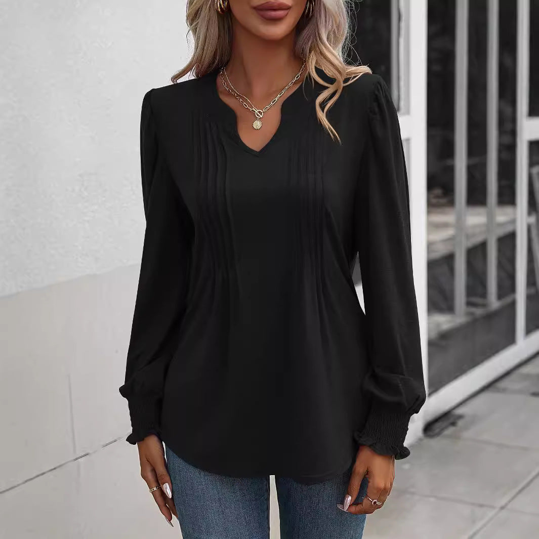 Damen nan Langarmshirt mit V-Ausschnitt, dekorativen Kellerfalten vorn und elastischen Smokbündchen EB