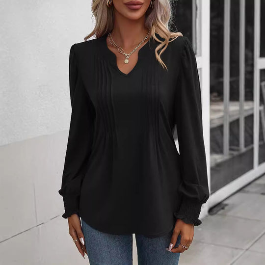 Damen nan Langarmshirt mit V-Ausschnitt, dekorativen Kellerfalten vorn und elastischen Smokbündchen EB
