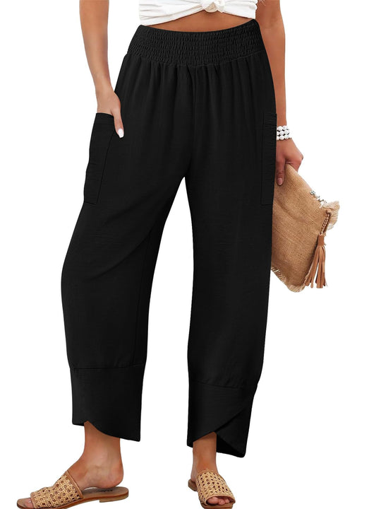 Damen Weite Sommerhose mit elastischem Bund und praktischen Taschen EB