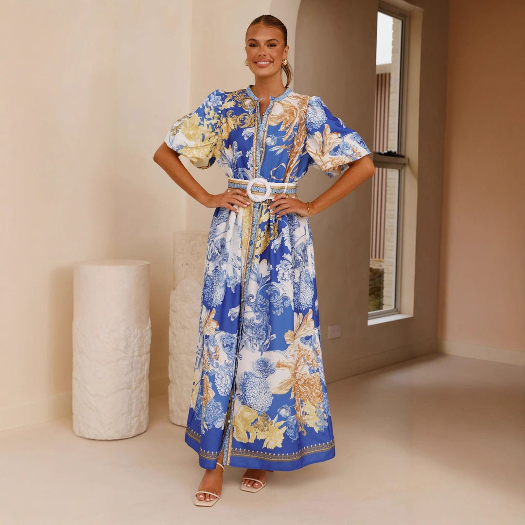 Damen Maxikleid mit floralem Knopfleisten-Design und tailliertem Gürtel EB