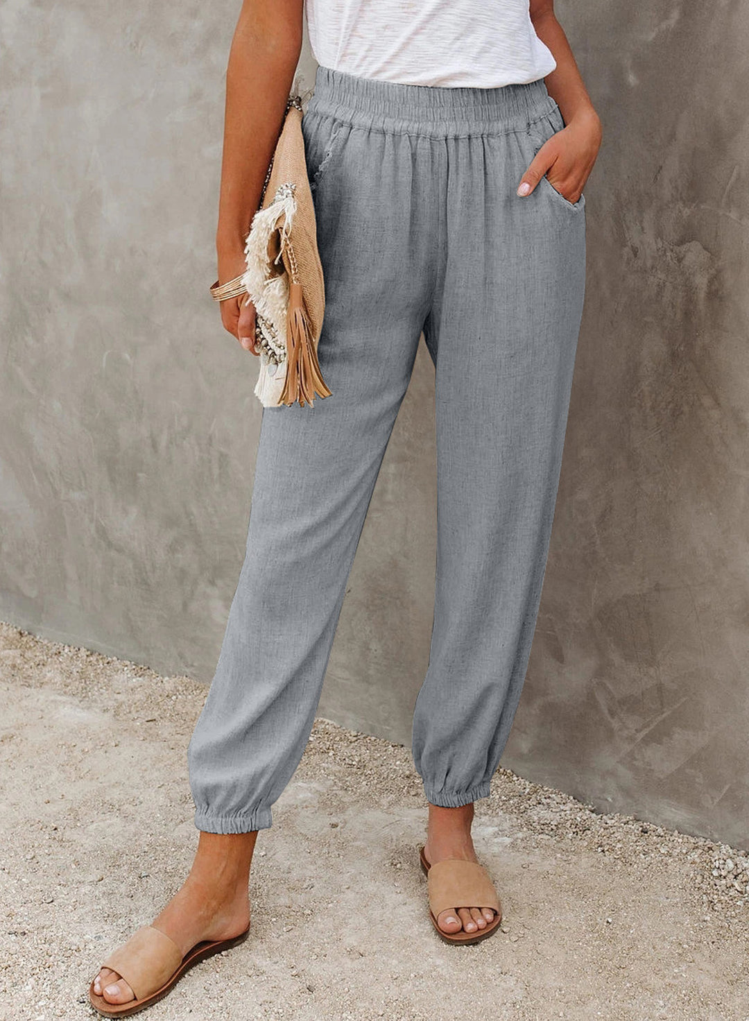 Damen lässige Leinen-Hose mit elastischem Bund und Gummizug EB