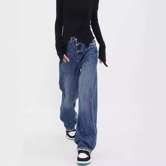 Damen weit geschnittene Denim-Hose mit stilvollen Fransendetails EB