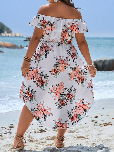 Damen Sommerliches Kleid mit off-shoulder Ausschnitt und floralem Design EB