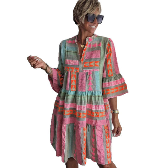 Damen luftiges Boho-Kleid mit eingewebten Mustern und kurzen Ärmeln EB
