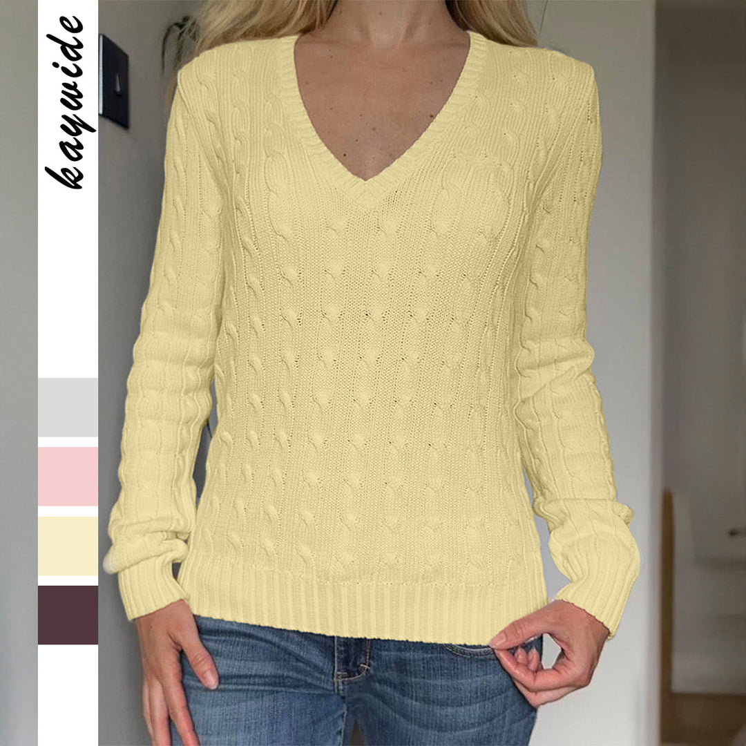 Damen nan Premium-Baumwollmix Zopfstrickpullover mit tiefem V-Ausschnitt und taillierter Silhouette EB