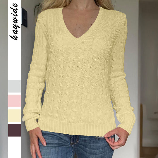 Damen nan Premium-Baumwollmix Zopfstrickpullover mit tiefem V-Ausschnitt und taillierter Silhouette EB