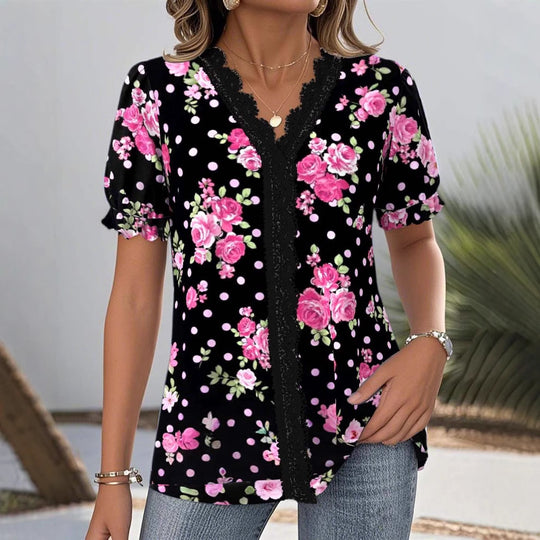 Damen nan V-Ausschnitt-Bluse mit Spitzenborte, Puffärmeln und floralem Punktmuster EB