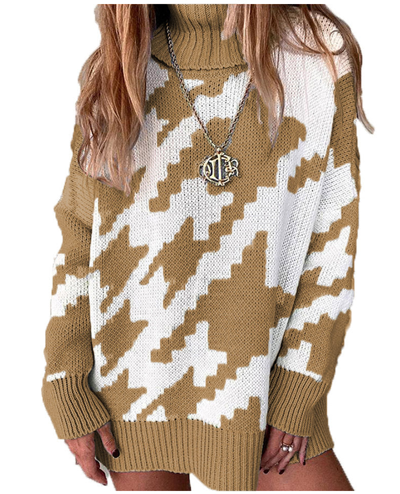 Damen Grobstrickpullover mit hohem Kragen und modernem geometrischen Muster EB
