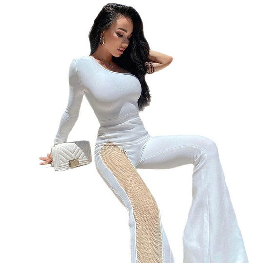 Damen figurbetontes Jumpsuit mit asymmetrischem Ausschnitt und netzseitigen Einsätzen EB