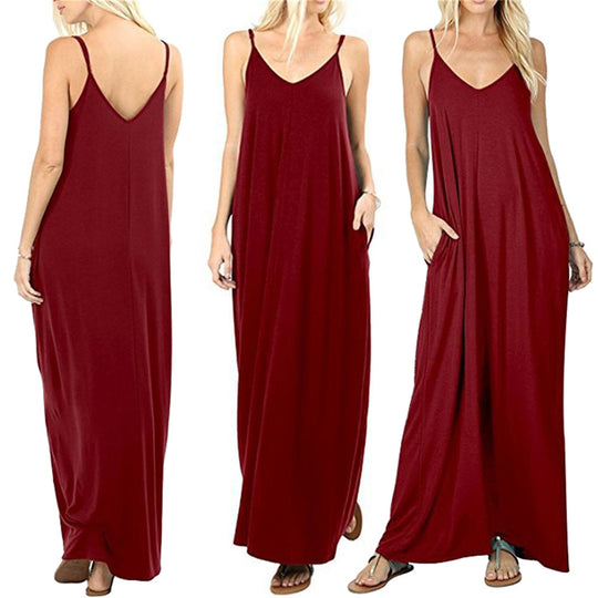 Damen Maxikleid mit spaghettiträgern und praktischen seitlichen Taschen EB