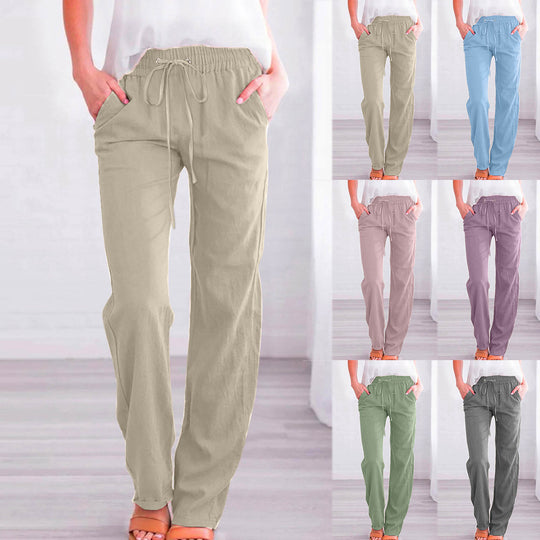 Damen Bequeme Leinen-Hose mit elastischem Bund und Taschen EB