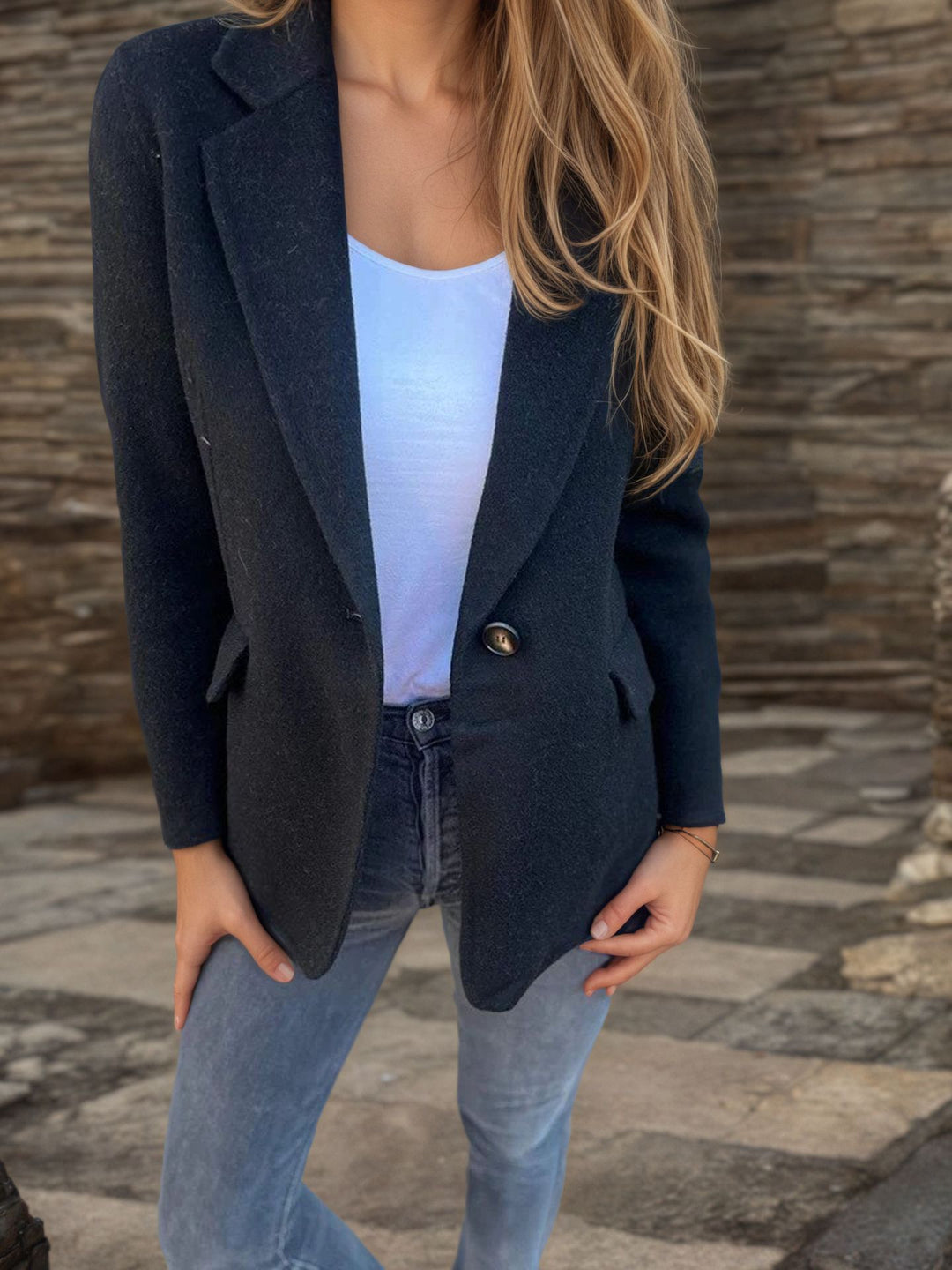 Damen taillierter Bouclé-Blazer mit fallendem Revers und Ein-Knopf-Detail EB