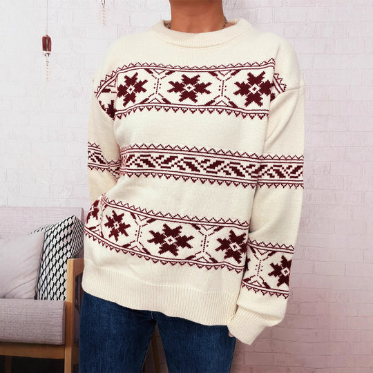 Damen Winterpullover mit festlichem Schneemuster und weichem Strick EB