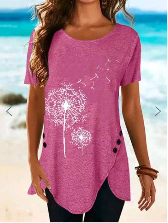Damen Kurzarmshirt mit asymmetrischem Saum und Dandelion-Print EB