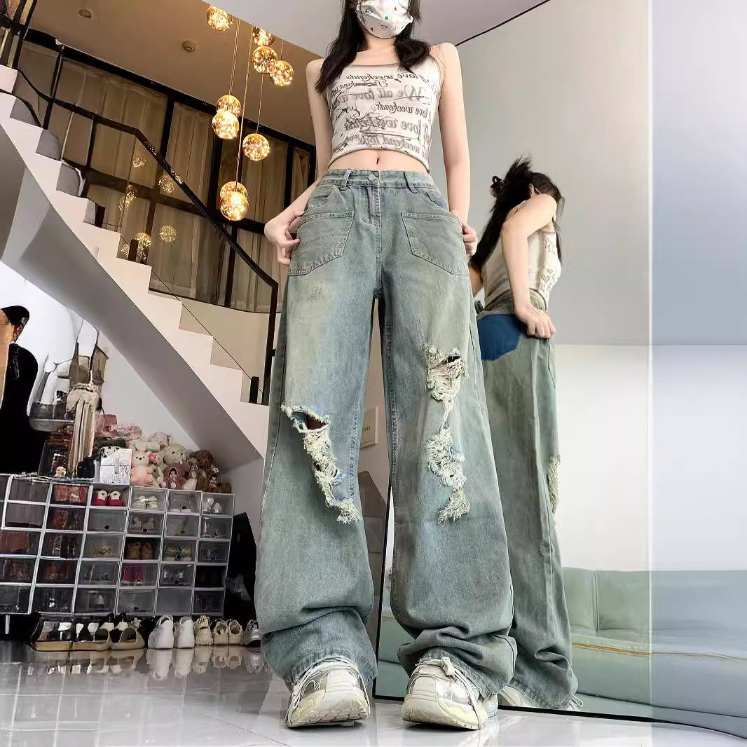 Damen Weite Destroyed Jeans im Vintage-Stil mit modischen Rissdetails EB
