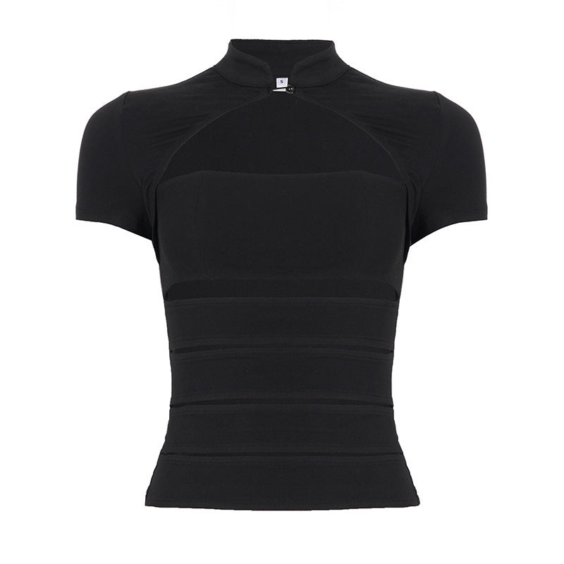 Damen Cropped Blusenshirt aus strapazierfähigem Stretchmaterial mit elegantem Stehkragen EB