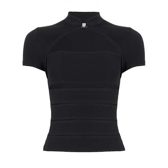 Damen Cropped Blusenshirt aus strapazierfähigem Stretchmaterial mit elegantem Stehkragen EB