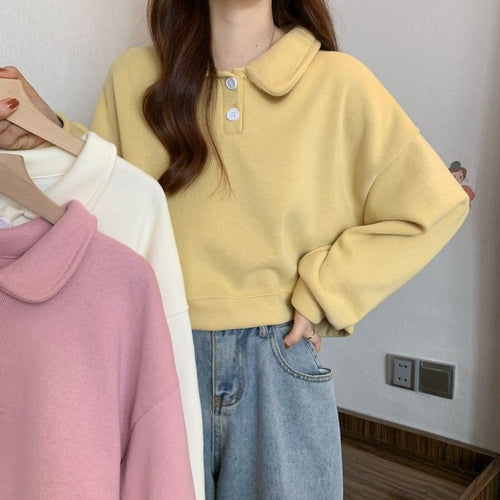 Damen Kurzarm Sweatshirt mit modischem Kragen und dekorativen Knöpfen EB