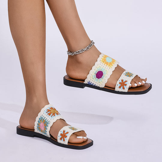 Damen Sommer-Sandalen mit floralem Häkelmuster und bequemer Sohle EB