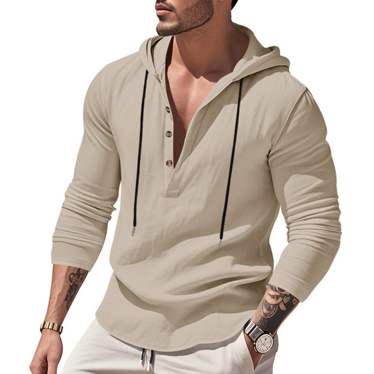 Herren nan lässiges Leinenhemd mit Kapuze und Henley-Knopfleiste EB
