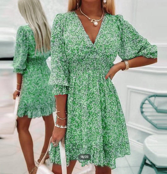 EB | Mittellanges Kleid mit V-Ausschnitt und böhmischem Print für Damen